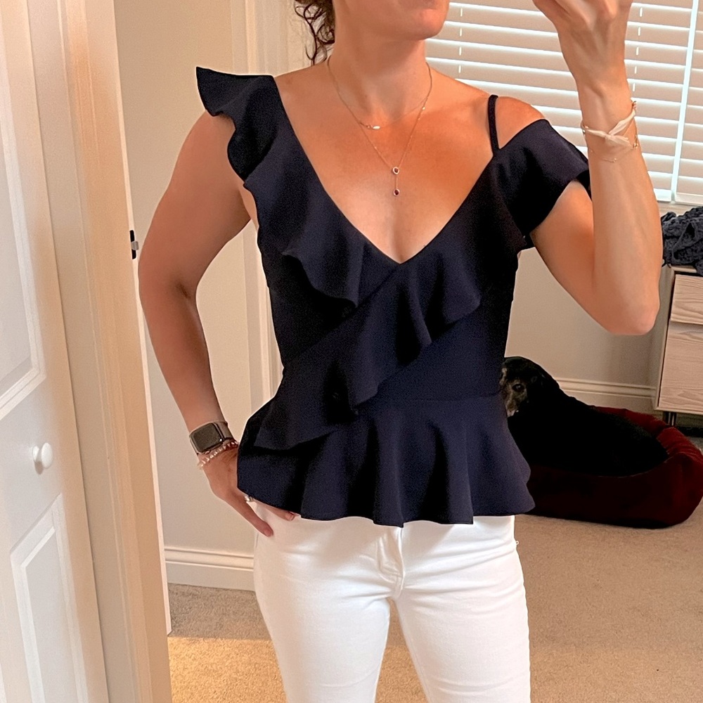 Navy peplum ruffled top brand new